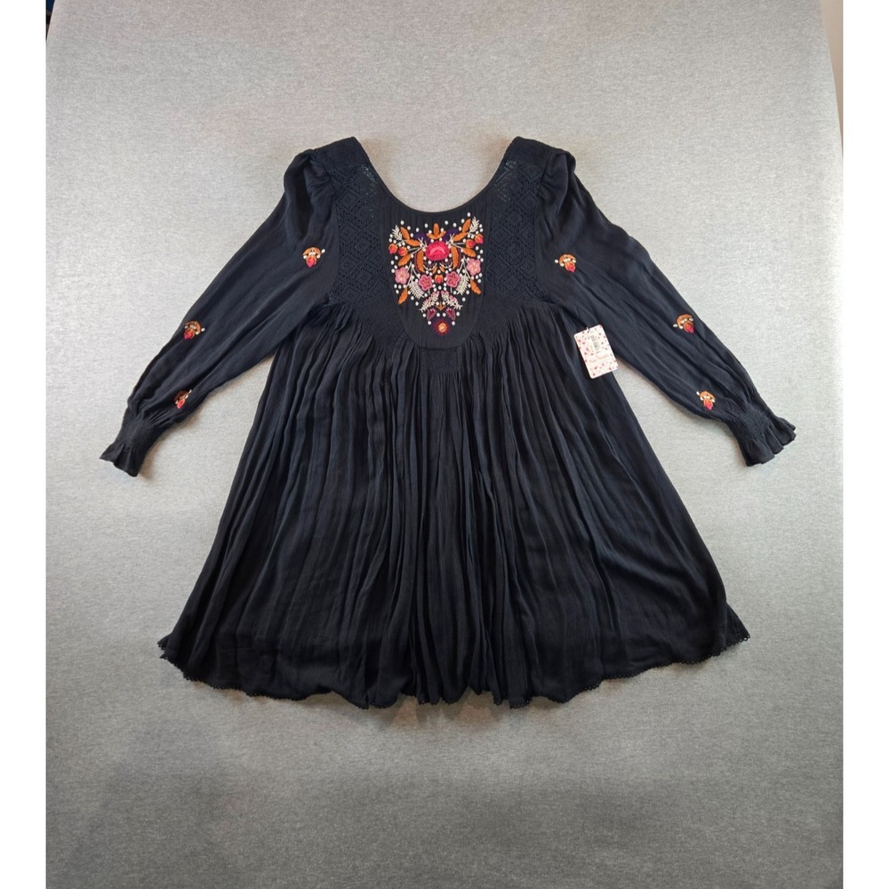 Free People Mohave Embroidered Mini‎ Dress L Black Long Sleeves Floral BOHO NWT!